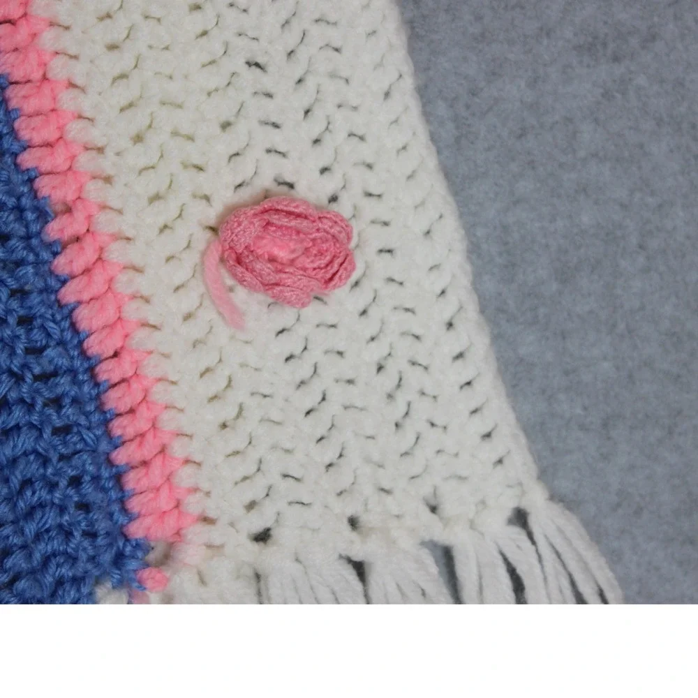Vintage Handmade Crochet Baby Blanket w/ Fringe‎